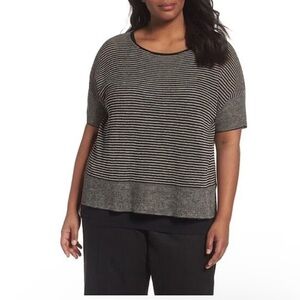 Eileen Fisher Organic Linen Striped Short Sleeve Knit Sweater Top Size M Black